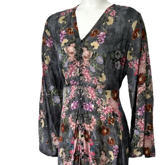 Feathers by Tolani Maxi Dress Sz M Clara Garden Floral Cement Gray Boho - Picture 3 of 15